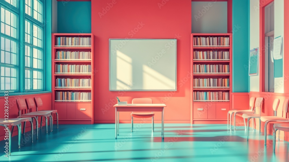 Poster bright classroom with bookshelves and empty whiteboard