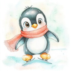 Cute penguin ice skate cartoon style