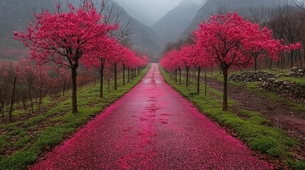 Dreamy Cherry Blossom Orchard in Full Spring Bloom with Falling Petals and Soft Pink Serenity