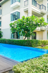 Empty swimming pool with sunbed around outdoor swimming pool in hotel resort hotel for vacation leisure and white sand,resort neary sea and beach in summer.
