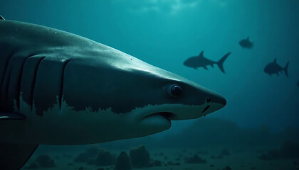 Obraz premium Shark with Other Marine Life Underwater for Wildlife and Ocean Blogs