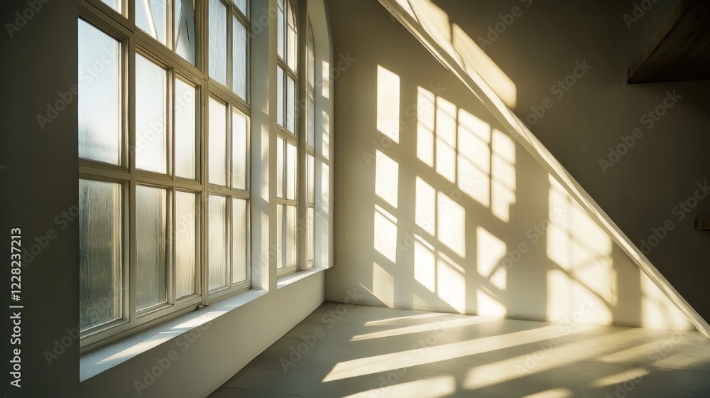 Poster Sunlight streams through large windows illuminating a room