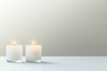 Soft glow from two white candles on minimalist surface creates s