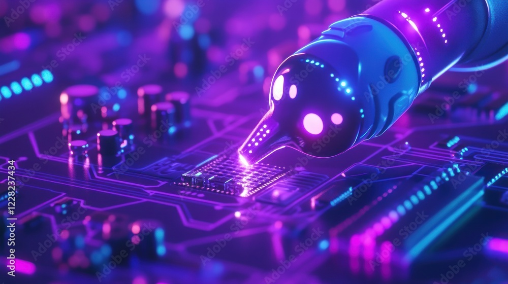 Poster Robotic Arm Installing Microchip On Circuit Board