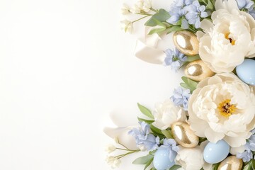 Obraz premium Luxurious Easter wreath featuring creamy white peonies, pale blue delphiniums, and gold painted eggs for sophisticated celebration