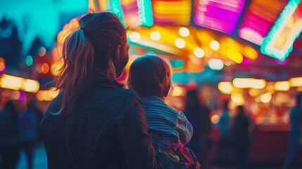 Fototapeta premium Woman holds child while enjoying colorful carnival lights at dusk with festive activities in the background