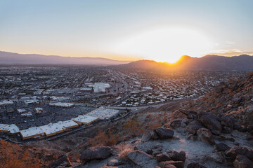 Mountaintop dawn view of Palm Desert near Rancho Mirage and Palm Springs in Southern California.  