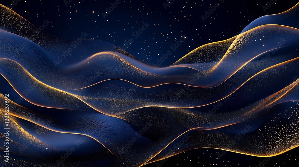 Poster abstract cosmic wave pattern in dark blue and gold with stars : generative ai