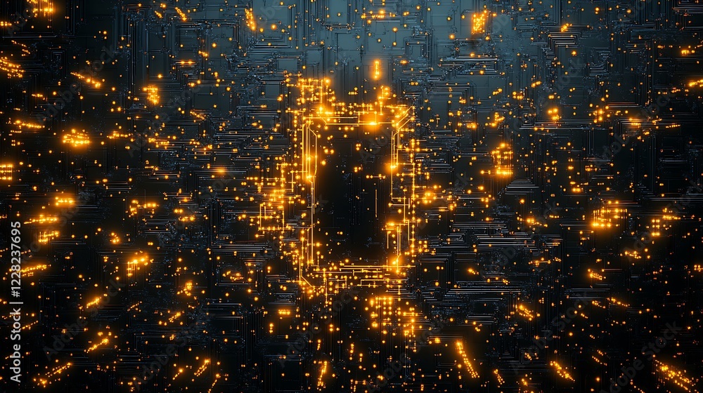 Aufkleber Digital Block of Data Illuminating with Vibrant Orange Technology Lights : Generative AI