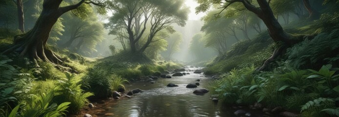 Lush forest with a winding stream running through it, stream, scenery