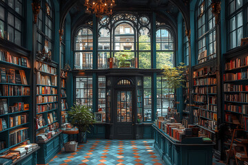 Obraz premium Bustling bookstore with diverse readers exploring shelves filled with books, creating a vibrant and intellectual atmosphere