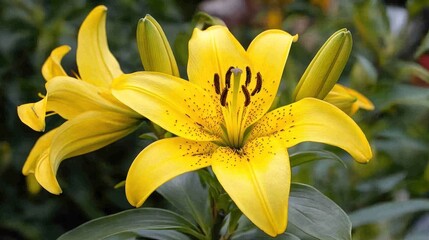 Vivid Yellow Lilies Blooming in Summer Garden