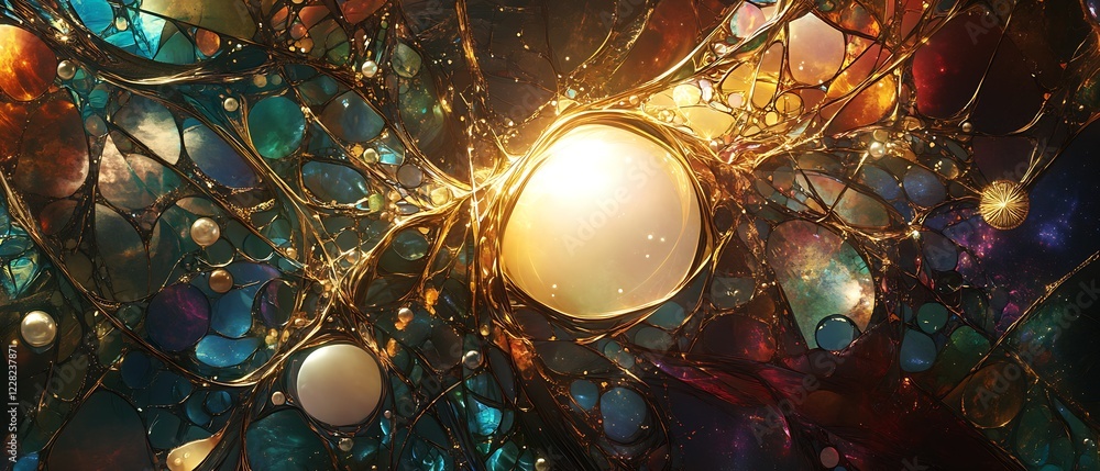 Aufkleber whimsical abstract art featuring vibrant colors and illuminating spheres in cosmic network : generat