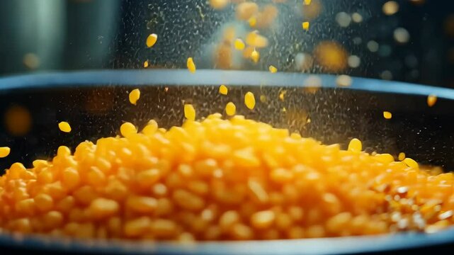 Golden corn kernels falling into a bowl showcasing dynamic movement and texture