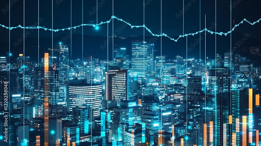 Poster night view of futuristic urban cityscape with digital data overlay and growing graphs : generative a
