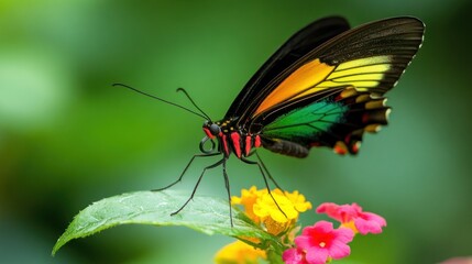 Obraz premium A Vivid Butterfly Perched on Vibrant Flowers