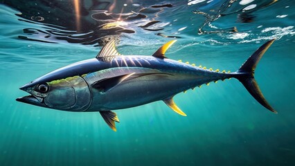 Obraz premium Vibrant tuna swimming gracefully in clear ocean water at mid-day