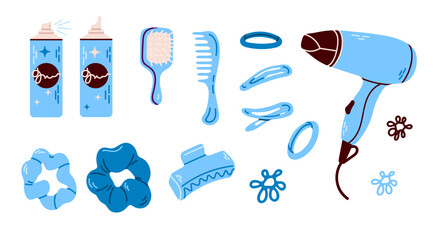 Hair Styling Tools Set. A modern flat-style illustration of hairstyling tools, including a hair dryer, combs, and straighteners. Perfect for beauty branding and hairstyling professionals