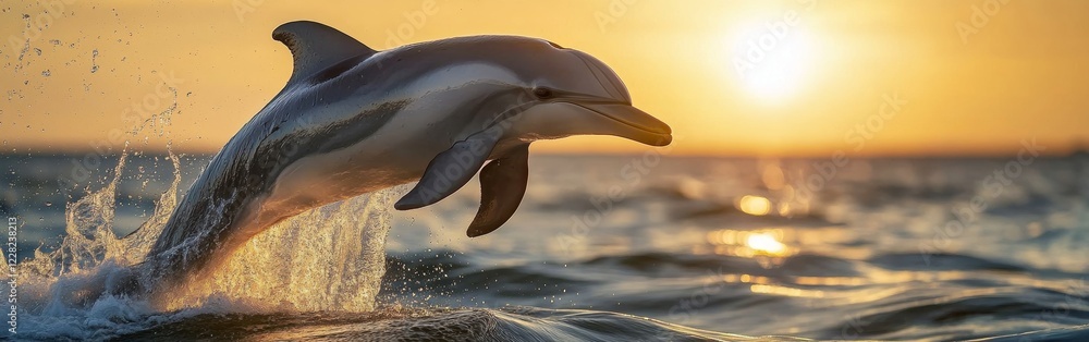 Poster a dolphin leaps exuberantly from shimmering ocean waves, creating splashes as it soars. the backdrop