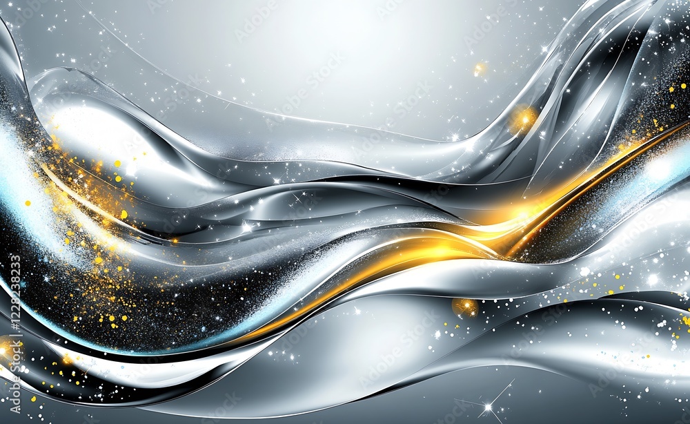 Poster Silver and Gold Abstract Wave Design with Sparkling Accents Creating Futuristic Decorative Artwork : Generative AI
