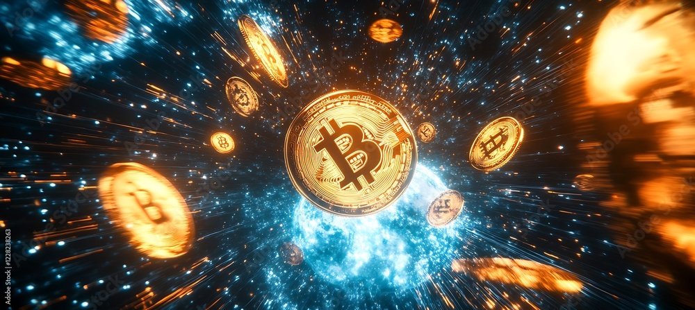 Poster Digital representation of cryptocurrency bitcoin surrounded by glowing coins and cosmic energy : Generative AI