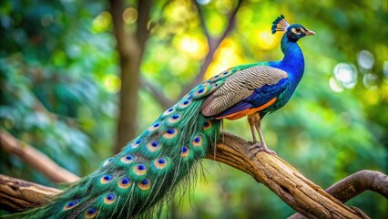 Obraz premium Majestic turquoise blue peacock perched on a branch with intricate feathers and vibrant plumage, wildlife, bird, foliage, majestic, regal