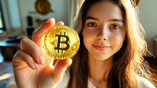 Exploring the world of cryptocurrency with a young enthusiast holding a golden bitcoin in a bright, welcoming room
