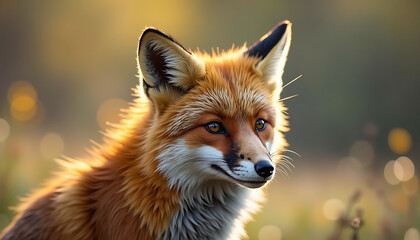 Fototapeta premium Close-up of a fox's face with a thoughtful gaze in a glowing natural setting