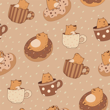 Cute funny capybara in cups on dots background. Cartoon vector animal character capibara sitting in donuts and mug. Capy repeat ornament