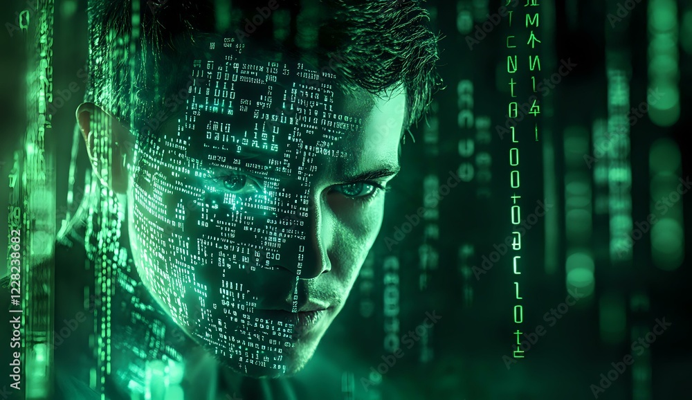 Poster digital code projection on male face profile with green matrix background and binary numbers overlay