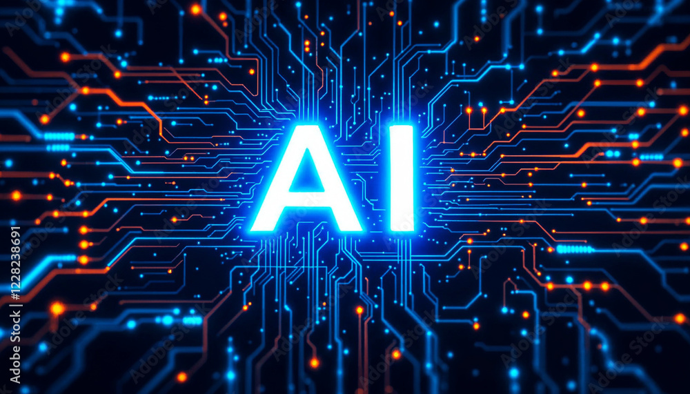 Poster bright blue letters spell ai against a backdrop of intricate circuit patterns and glowing lights in 