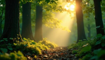 Obraz premium Softly glowing morning light highlights forest leaves, forest, morning