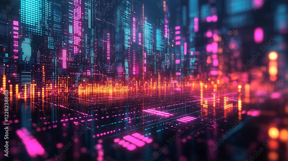 Aufkleber Dynamic Digital Soundwave Visualization in Urban Cityscape Setting : Generative AI