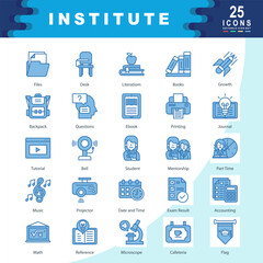 Institute icon set with Mentorship, Tutorial, Journal, Student, Microscope, Literation, Files, Math, Flag, Printing icon. Simple blue vector