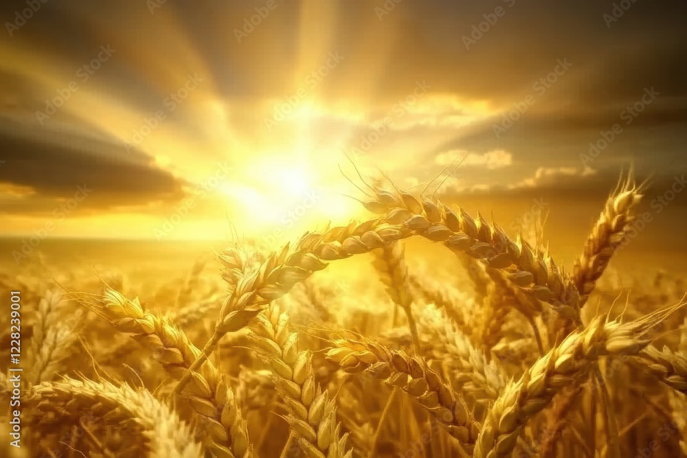 Poster golden rays illuminate wheat fields during sunset in a tranquil rural landscape. generative ai