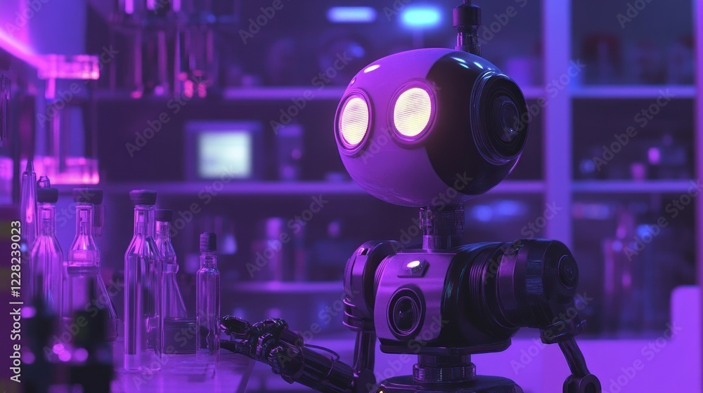Poster Robot Assistant In A Purple Lit Laboratory Setting