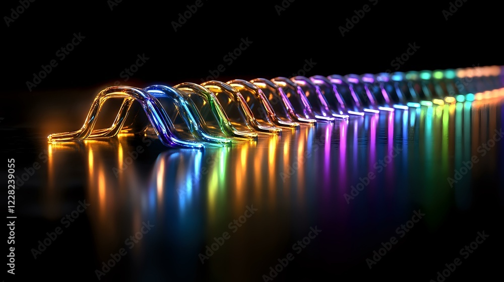 Poster rainbow colored glowing domino effect with light reflection on dark background, showing chain reacti