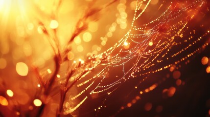 Dewdrops Adorn Golden Hour Spiderweb Among Plants
