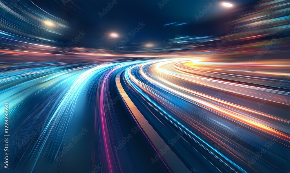 Poster abstract motion blur background with curved light trails in blue, orange and pink colors creating dy