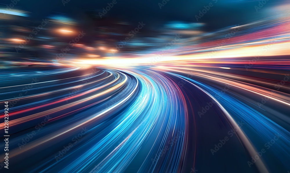 Poster abstract motion blur of curved highway at night with colorful light trails creating dynamic speed ef