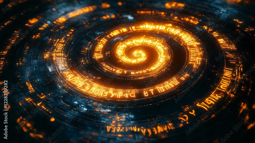 Poster Futuristic Spiral Digital Design with Glowing Orange Text and Circular Patterns for Technology Themes : Generative AI