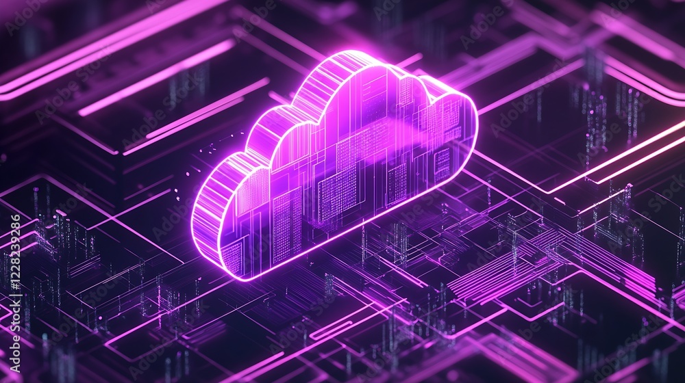 Aufkleber futuristic neon cloud computing concept in a digital landscape with purple glow : generative ai