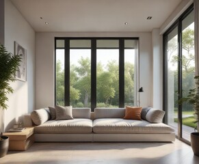 Modern minimalist house with a large window seat and a comfortable reading nook , comfortable seating, soft textiles