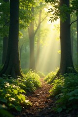 Fototapeta premium Softly glowing morning light highlights forest leaves, soft, forest