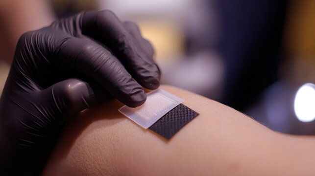 Gloved hand applying a medical sensor patch to skin