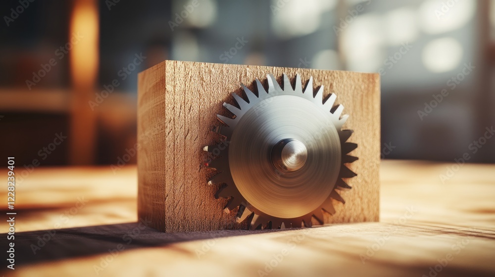 Poster circular saw blade embedded in wooden block