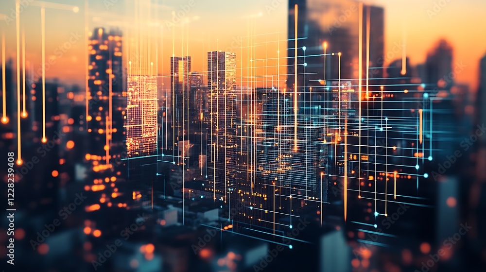 Aufkleber Digital City Network with Abstract Data Connections and Illuminated Urban Background : Generative AI
