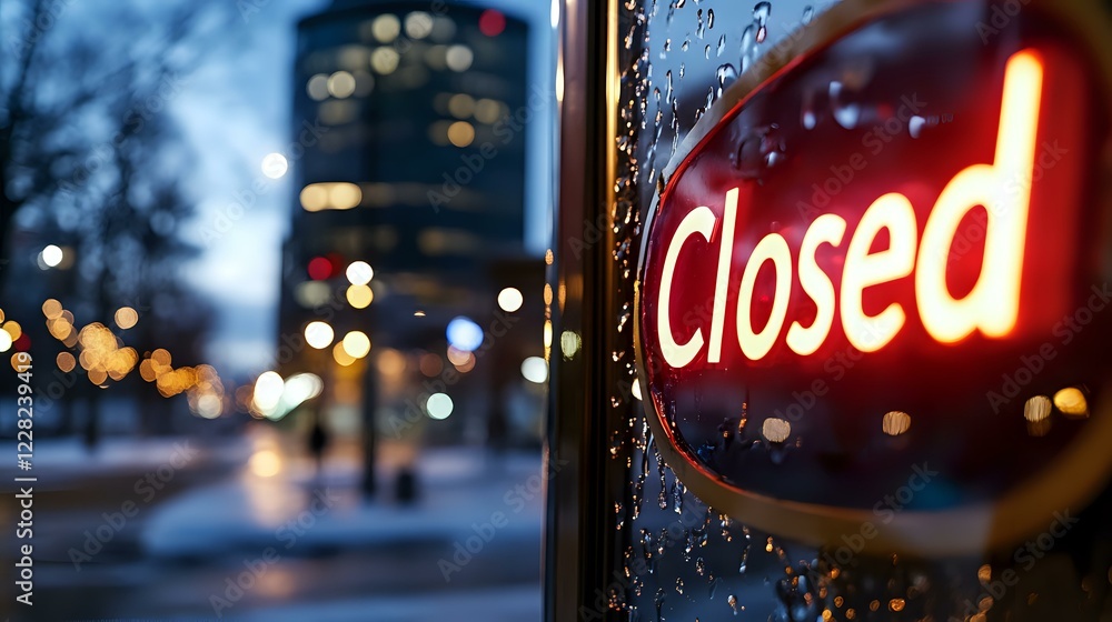 Aufkleber red neon closed sign in window with raindrops during evening cityscape with bokeh lights and urban b
