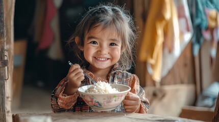 Smiling girl enjoys a bowl of rice inside a rustic house in rural setting during daylight hours