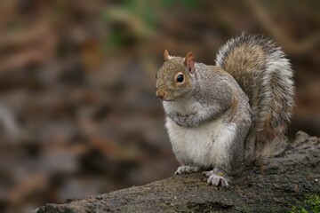 Grey squirrel perched on a tree log.
